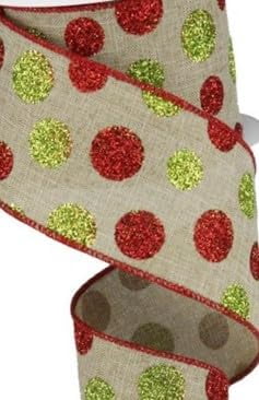 Christmas Glitter Wired Ribbon, Beige Red Lime Green 2.5 Inches x 100 feet (33.3 Yards), Polka Dot Multi Size