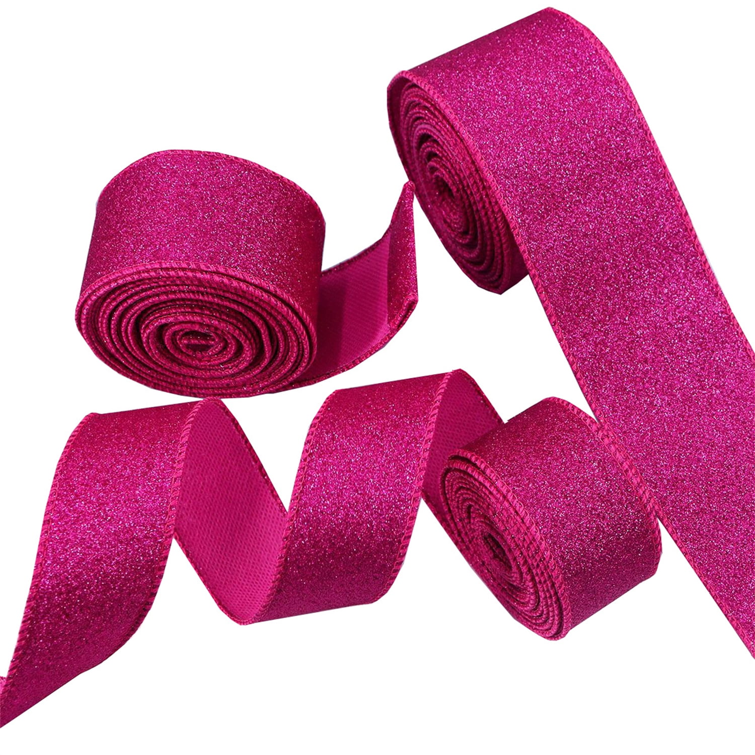 Christmas Glitter Wired Ribbon,Bexikou 20 Yards Christmas Ribbon with Wired Edge,Metallic Gift Wrapping Ribbons for Xmas Wreath Tree Party Home Wedding Festival DIY (2.55 Inch, 2 Rolls,Rose Red)