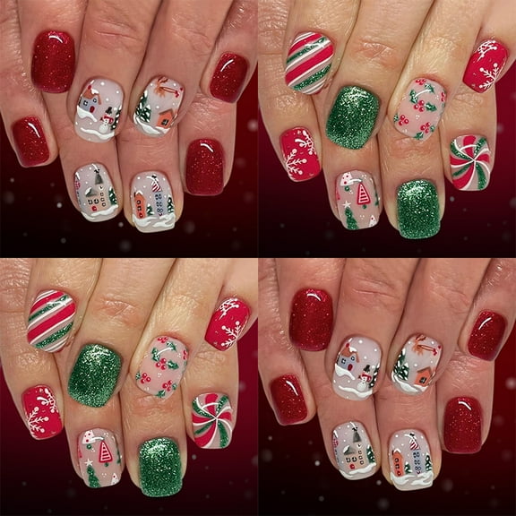 Christmas Glitters Short Square False Nails Set Of 48 Pieces With Red Green Shines French Tip Design