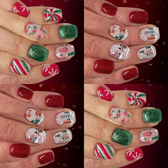 Christmas Glitters Short Square False Nails Set Of 48 Pieces With Red Green Shines French Tip Design
