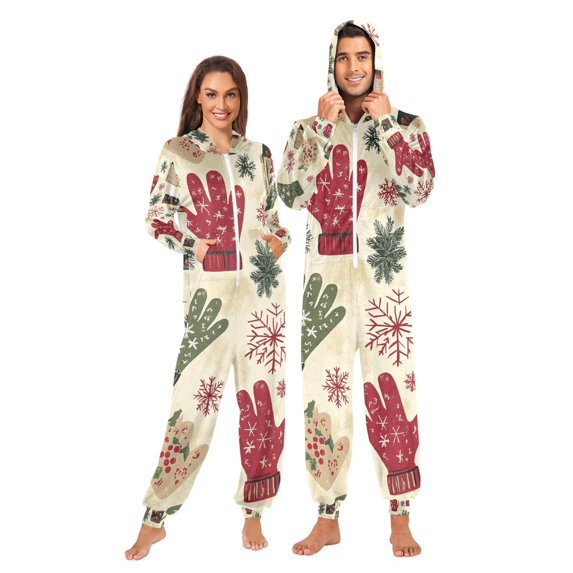 Christmas Gloves Cups Adult Onesie Pajamas Slim Fit Christmas One Piece Suit Pjs for Women and Men Hooded Zipper