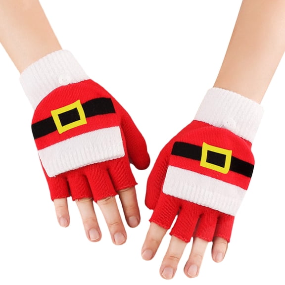 Christmas Gloves for Women Warm Fingerless Holiday Gifts Winter Mittens Knitted Convertible Gloves Red Free Size