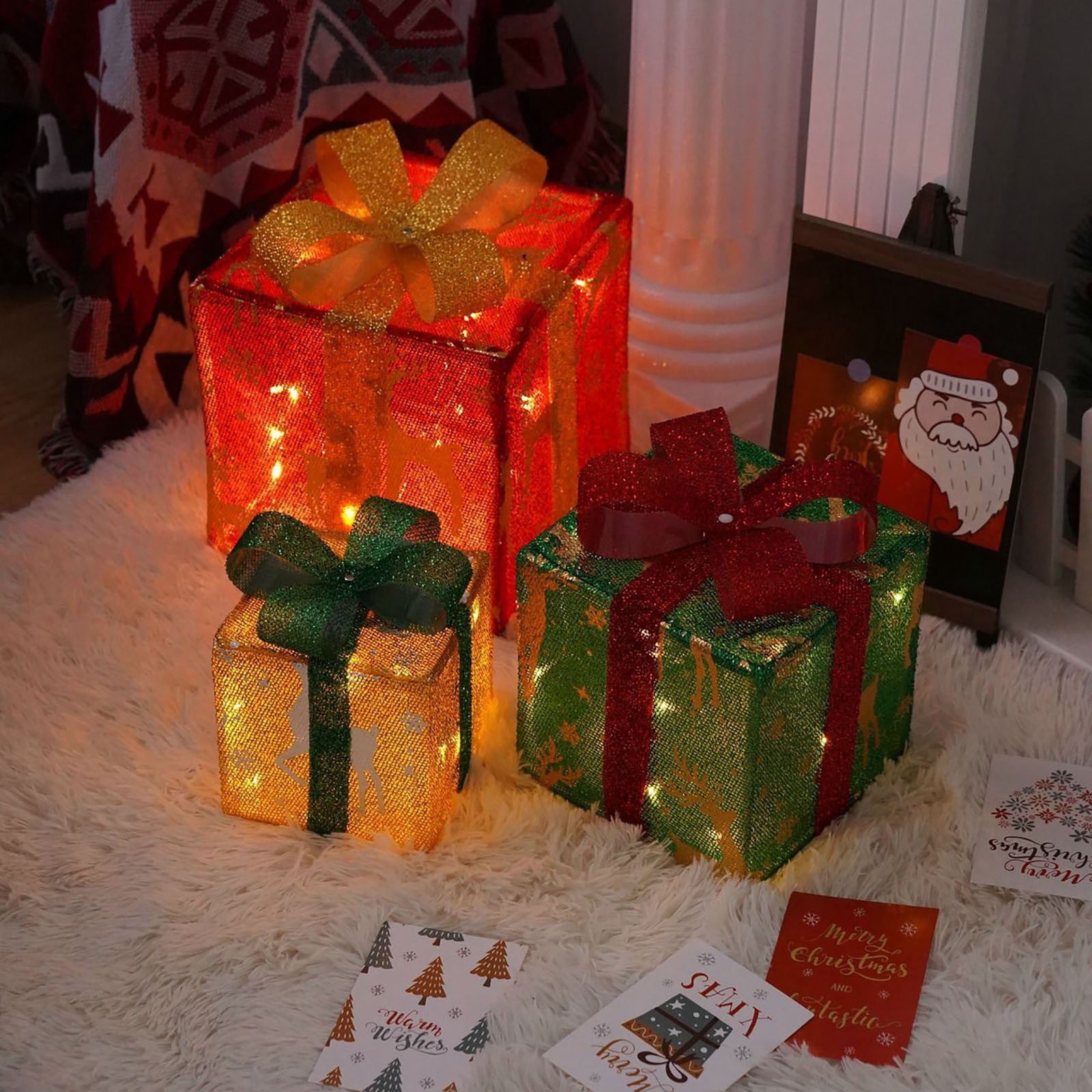 Christmas Glowing Decoration Gift Box Ornament With Bow Christmas