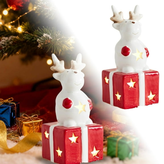 Christmas Glowing Santa Reindeer Snowman Ceramic Tabletop Figurine, Festive Desktop Ornament for Holiday Home Party Decor (A)