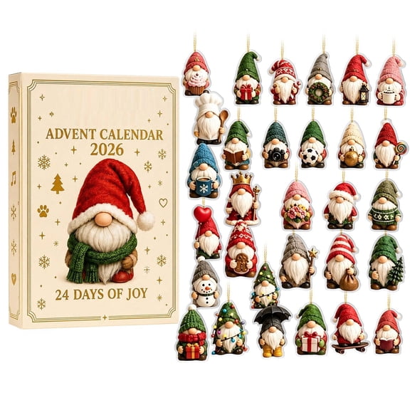 Christmas Gnome 2026 Advent Calendar, 24 Days Christmas Countdown Calendar with Cute Gnome Acrylic Hanging Ornaments, Collectible Christmas Tree Decor Holiday Surprise Gift