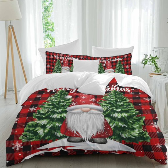 Christmas Gnome 4 Piece Duvet Cover Set Twin Size Red Xmas Dwarfs Pine Trees Black Red Plaid Soft Bedding Set Comforter Cover, 1 Duvet Cover 1 Flat Sheets and 2 Pillowcases