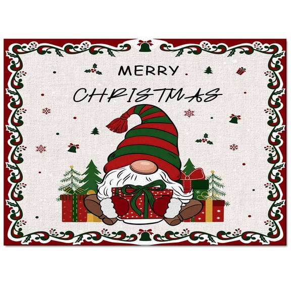Christmas Gnome Area Rug 4x6ft Red Green Winter Dwarfs Xmas Retro Linen Non-Slip Washable Square Rugs Soft Felt Indoor Floor Mat for Bedroom Kitchen Living Room Bathroom