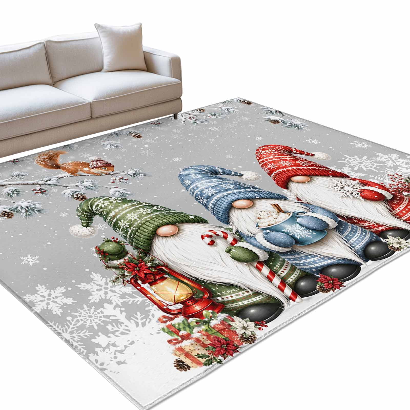Christmas Gnome Area Rug 8'x10', Winter Squirrel Pine Berry Grey ...