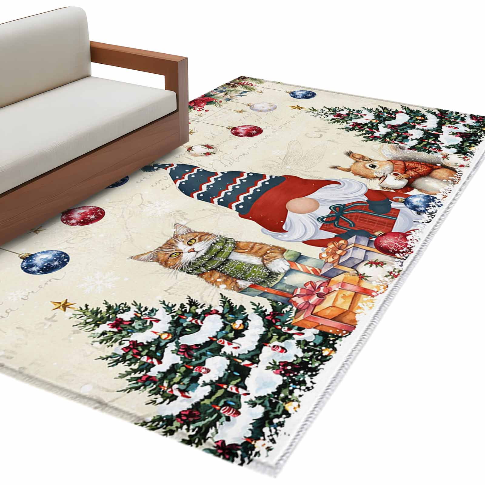 Xmas Tree Rug Christmas Gnome Area Rug 2.7x5ft Squirrel Cat Poinsettia Xmas Tree ...