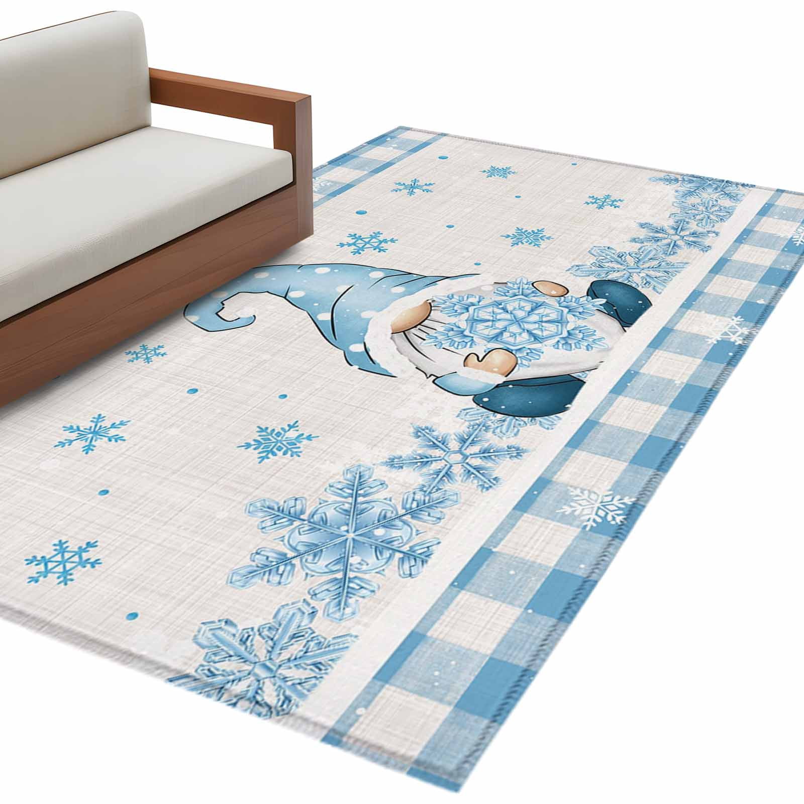 Round Blue Snowflake Rug Christmas Gnome Area Rug 3x5ft Snowflake Blue and White Buffalo Plaid ...