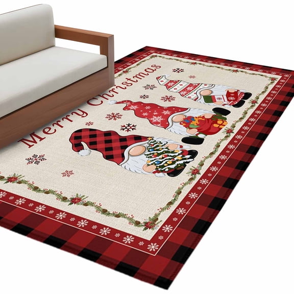 Christmas Gnome Area&nbsp;Rug 3x5ft Xmas Dwarfs Snowflakes Retro Linen Red Plaid Non-Slip&nbsp;Washable Square&nbsp;Rugs Soft Felt Indoor Floor Mat for Bedroom Kitchen Living Room Bathroom