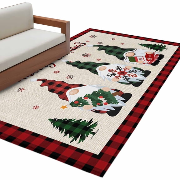 Christmas Gnome Area&nbsp;Rug 4x6ft Xmas Dwarfs Snowflakes Retro Linen Plaid Non-Slip&nbsp;Washable Square&nbsp;Rugs Soft Felt Indoor Floor Mat for Bedroom Kitchen Living Room Bathroom