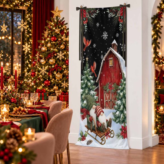 Christmas Gnome Banner Fabric Backdrop, 27X78 Inch Red Wooden Barn Pine Tree Midnight Black Welcome Sign Banner with Hanging String, Reusable Backdrop for Wedding Birthday Party Yard Wall Decor