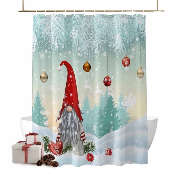 Christmas Gnome Bathroom Shower Curtain Watercolor Teal Xmas Trees Balls Winter Snowflakes Waterproof Washable Shower Curtains for Bathtub Bath Decor with Grommets and Hook 36 X 72 Inch
