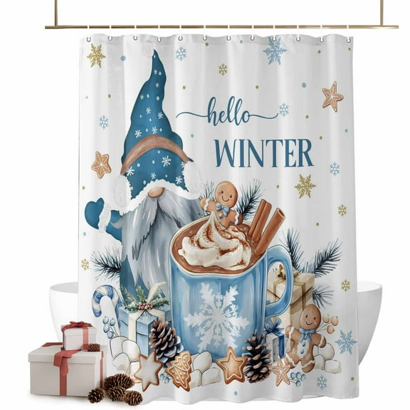 Christmas Gnome Bathroom Shower Curtain Xmas Coffee Gingerbread Man Biscuits Winter Snowflakes Waterproof Washable Shower Curtains for Bathtub Bath Decor with Grommets and Hook 72 X 72 Inch