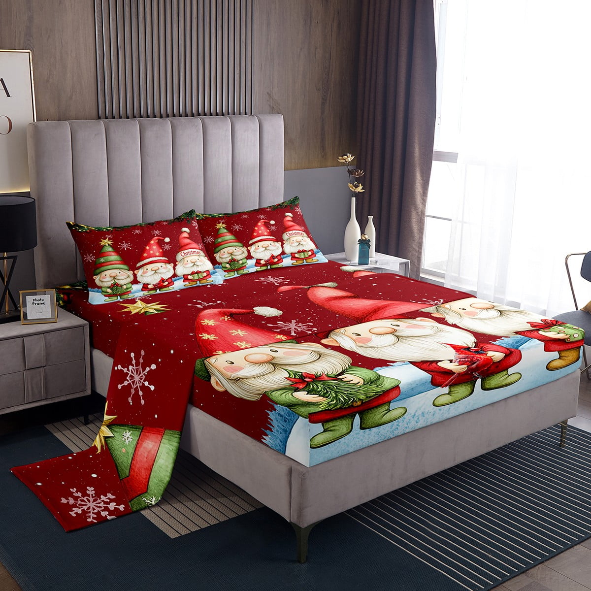 Christmas Gnome Bed Sheets Set Cute Santa Claus Sheet Set King,Kawaii
