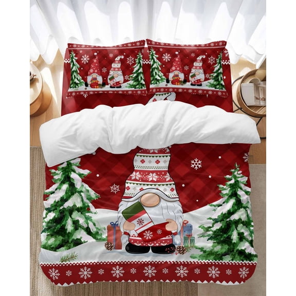 Christmas Gnome Bedding Duvet Cover Set Queen Size 4 Pieces Red Dwarfs Xmas Tree Snowflakes Argyle Plaid Bedding Set with Zipper Closure, 1 Comforter Cover 90x92 Inches 1 Flat Sheet & 2 Pillow Cases