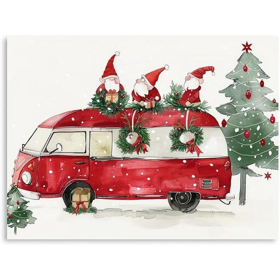 Christmas Gnome Bus Canvas Wall Art - Winter Snowing Christmas Painting - Framed 12 X 16 Inch Small Cute Christmas Pictures for Bathroom Kitchen Kids Room Home Office Decorations - Aesthetic Holiday