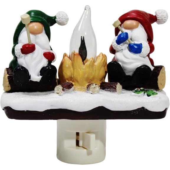 Christmas Gnome Campfire Night Light, Flickering Flame Plug-In Nightlight, Resin Decorative Lamp for Bedroom Bathroom Holiday Decor, White Red Green, 1-Pack