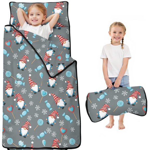 Christmas Gnome Candy Snowflake Kids Nap Mat, Sleeping Mat with Removable Pillow with Handle & Fastening Straps, Portable with Handle Gifts for Toddlers Kids Boys Girls,50"x20"