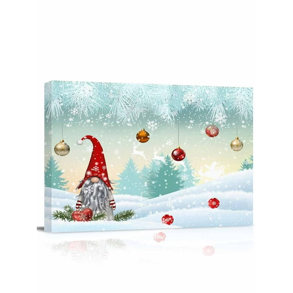 Christmas Gnome Canvas Print Wall Art Watercolor Teal Xmas Trees Balls Winter Snowflakes Pictures Painting Morden Artwork for Living Room Bedroom, Ready to Hang - 12"x16"