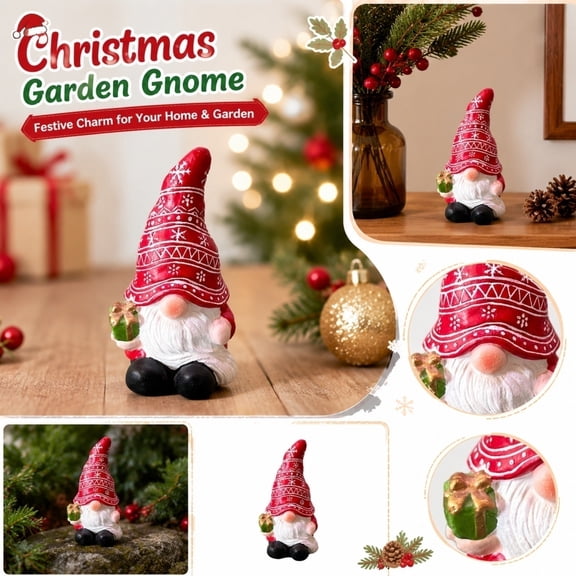 Christmas Gnome Cement Statue with White Beard, Rustic Dwarf Figurine for Holiday Home Decor, Indoor and Outdoor Garden Patio Ornaments, Festive Seasonal Tabletop Gift