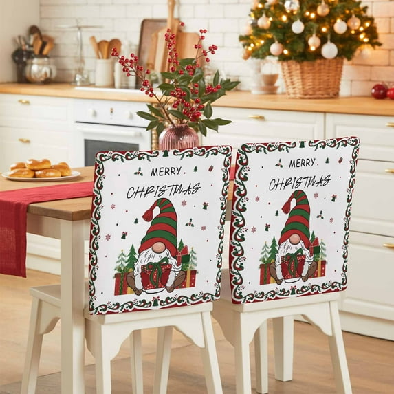 Christmas Gnome Chair Covers Set of 1 Red Green Winter Dwarfs Xmas Box Gifts Chair Back Covers Stretch Removable Washable Slipcovers Protector for Dining Room Kitchen Party Decor