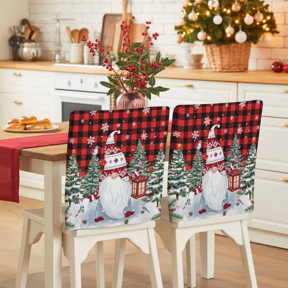 Christmas Gnome Chair Covers Set of 1 Winter Xmas Trees Bird Snowflakes Red Plaid Chair Back Covers Stretch Removable Washable Slipcovers Protector for Dining Room Kitchen Party Decor