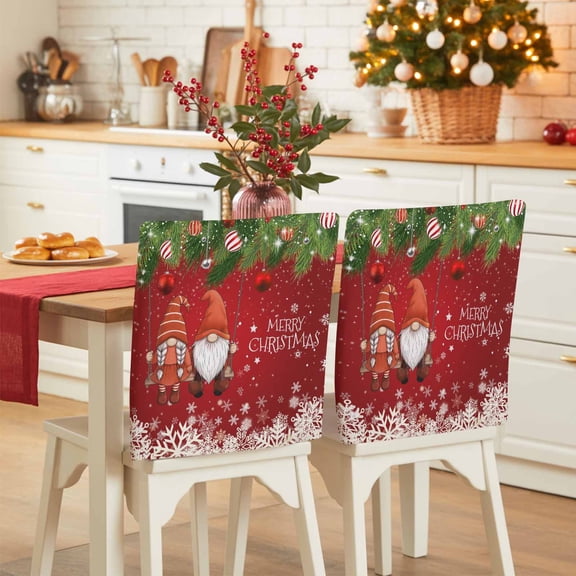 Christmas Gnome Chair Covers Set of 4 Snowflake Xmas Ball Evergreen Bough Red Chair Back Covers Stretch Removable Washable Slipcovers Protector for Dining Room Kitchen Party Decor