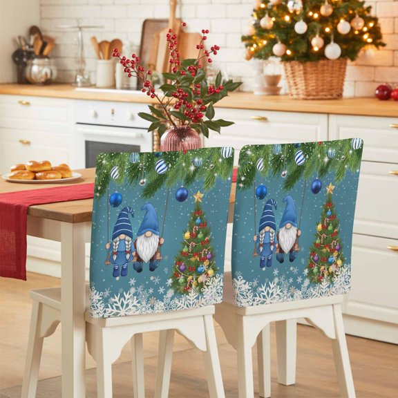 Christmas Gnome Chair Covers Set of 8 Snowflake Xmas Tree Ball Evergreen Bough Blue Chair Back Covers Stretch Removable Washable Slipcovers Protector for Dining Room Kitchen Party Decor