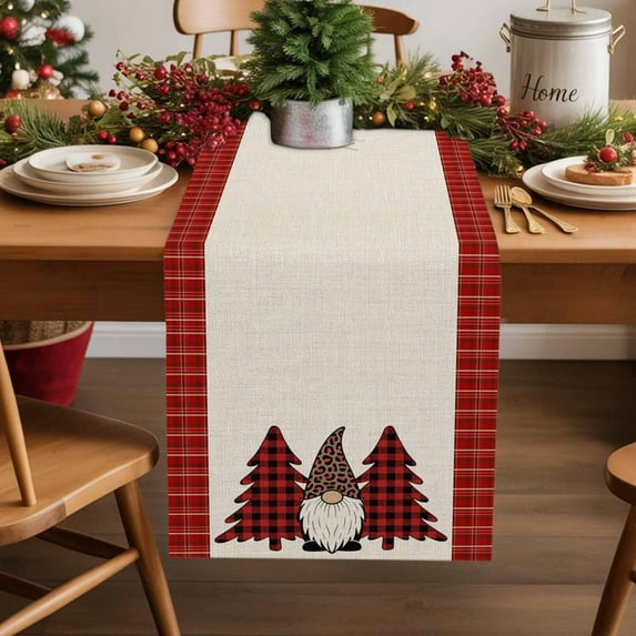 Christmas Gnome Checkered Tree Table Runner 13x90in Non-Slip Cotton Linen Table Runners, Red Black Linen Buffalo Plaid Dresser Scarves TableRunner for Dinner Kitchen Dining Wedding Party