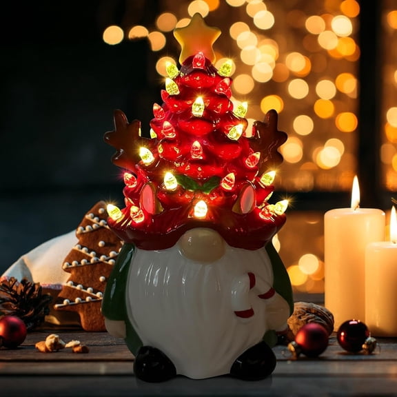Christmas Gnome Christmas Tree, 8In Mini Ceramic Lighted Christmas Tree, Small Mini Prelit Xmas Holiday Decor for Tabletop Home Room Table Fireplace Office