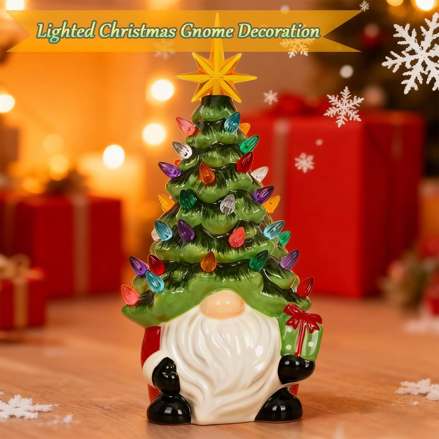 Christmas Gnome Christmas Tree, 8In Mini Ceramic Lighted Christmas Tree, Small Mini Prelit Xmas Holiday Decor for Tabletop Home Room Table Fireplace Office