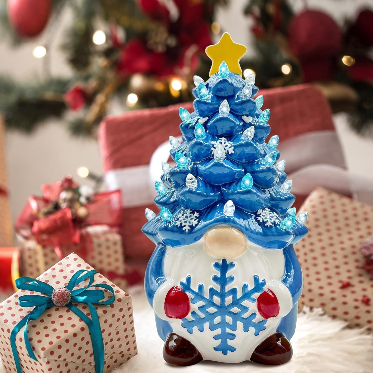 Christmas Gnome Christmas Tree, 8In Mini Ceramic Lighted Christmas Tree, Small Mini Prelit Xmas Holiday Decor for Tabletop Home Room Table Fireplace Office