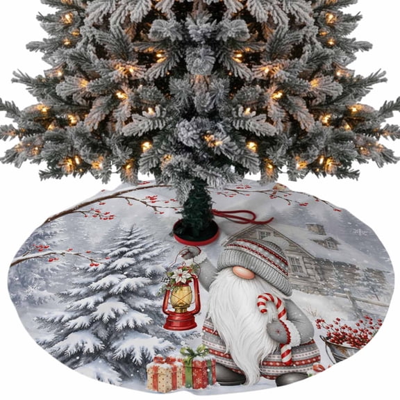 Christmas Gnome Christmas Tree Skirt 48 Inch, Winter Snowy Cabin Forest Cardinal Bird Xmas Tree Skirt, Christmas Tree Mat Ornaments for Home New Year Party and Holiday Decor Supplies
