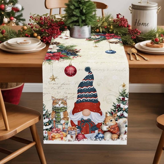 Christmas Gnome Cotton Linen Table Runner Squirrel Cat Poinsettia Xmas Tree Beige Dining Table Runners for Home Decor Party Dining Room Restaurant Kitchen Party 13" x 36"