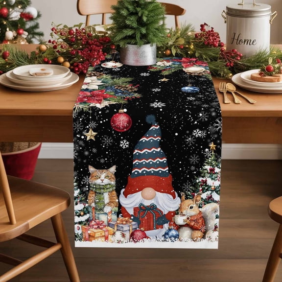Christmas Gnome Cotton Linen Table Runner Squirrel Cat Poinsettia Xmas Tree Black Dining Table Runners for Home Decor Party Dining Room Restaurant Kitchen Party 13" x 36"