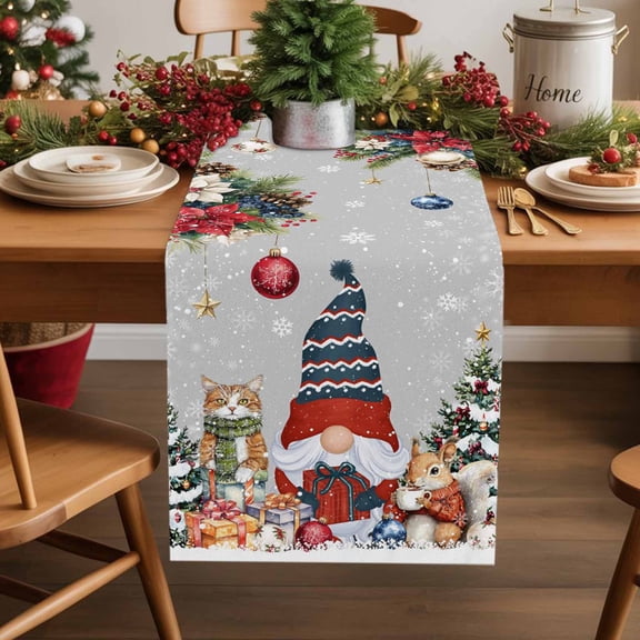 Christmas Gnome Cotton Linen Table Runner Squirrel Cat Poinsettia Xmas Tree Grey Dining Table Runners for Home Decor Party Dining Room Restaurant Kitchen Party 13" x 36"