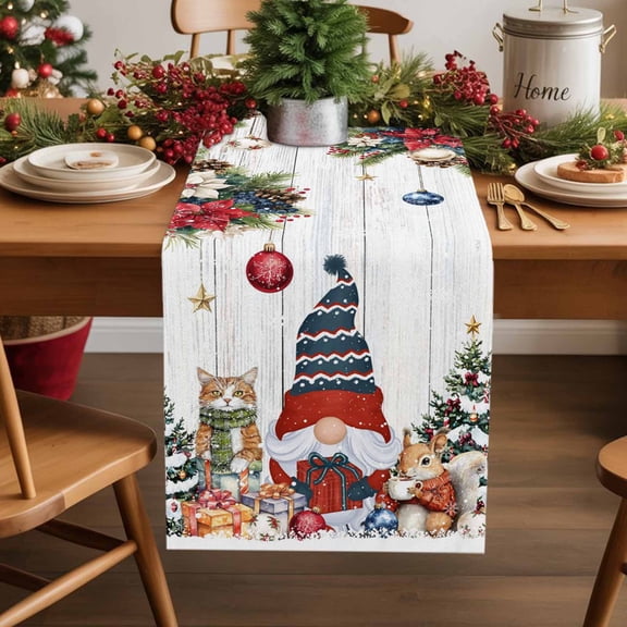 Christmas Gnome Cotton Linen Table Runner Squirrel Cat Poinsettia Xmas Tree Wood Grain Dining Table Runners for Home Decor Party Dining Room Restaurant Kitchen Party 13" x 48"