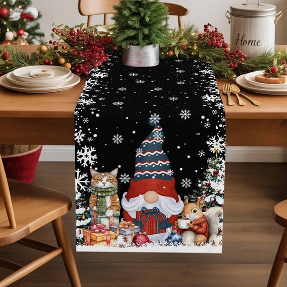 Christmas Gnome Cotton Linen Table Runner Squirrel Cat Xmas Tree Snowflake Black Dining Table Runners for Home Decor Party Dining Room Restaurant Kitchen Party 13" x 36"