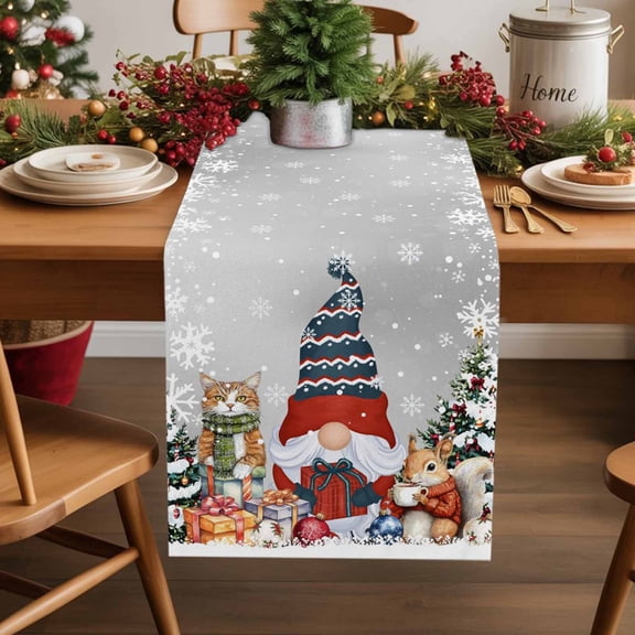 Christmas Gnome Cotton Linen Table Runner Squirrel Cat Xmas Tree Snowflake Grey Dining Table Runners for Home Decor Party Dining Room Restaurant Kitchen Party 13" x 36"