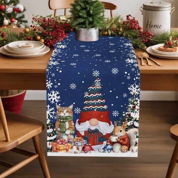 Christmas Gnome Cotton Linen Table Runner Squirrel Cat Xmas Tree Snowflake Navy Blue Dining Table Runners for Home Decor Party Dining Room Restaurant Kitchen Party 13" x 36"