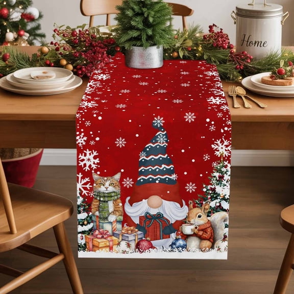 Christmas Gnome Cotton Linen Table Runner Squirrel Cat Xmas Tree Snowflake Red Dining Table Runners for Home Decor Party Dining Room Restaurant Kitchen Party 13" x 36"