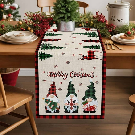 Christmas Gnome Cotton Linen Table Runner Xmas Dwarfs Snowflakes Retro Linen Plaid Dining Table Runners for Home Decor Party Dining Room Restaurant Kitchen Party 13" x 72"
