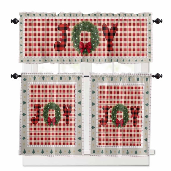 Christmas Gnome Curtain Valances Set Red Dwarfs Xmas Tree Snowflakes Argyle Plaid Kitchen Curtains 24 inch Length Rod Pocket Valance and Tiers 3 Piece Set Small Bedroom Bathroom Laundry Decor