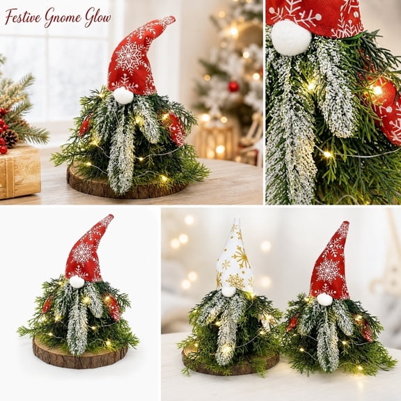 Christmas Gnome Decor with LED Light, Faceless Elf Centerpiece for Home Office, Paper Craft with Greenery, Warm Glow Tabletop Ornament for Xmas Holiday Party Gift