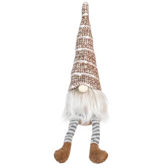 Christmas Gnome Decor Plush Doll with Striped Hat Long Beard Standing Figure Holiday Home Table Shelf Window Mantel Ornament Brown 12 Inch