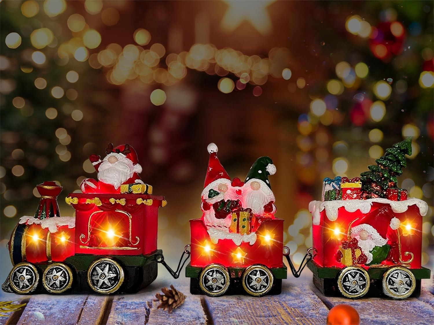 Christmas Gnome Decorations Centerpieces for Tables, Lighted Gnome Christmas Decorations Indoor Snowman Tabletop Decor, Xmas Table Centerpieces for Home, Light Up Train Figurines Table Top