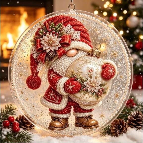 Christmas Gnome Diamond Art Ornament Kit,Christmas Gnome Holding Ornament Diamond Art Kit Scratch Resistant Pearl Beads on Flocked Canvas, DIY Holiday Gift