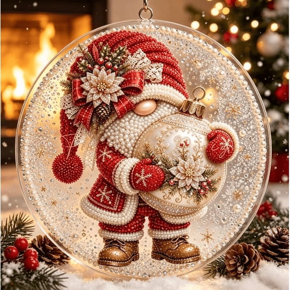 Christmas Gnome Diamond Art Ornament Kit | Luxury Flocked Canvas with Scratch-Resistant Non-Fading Pearl Beads DIY Handmade Holiday Hanging Decor
